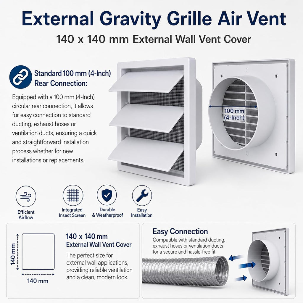 External Gravity Grille Vent for Dryer Vent Cover 100mm (4") rear spigot