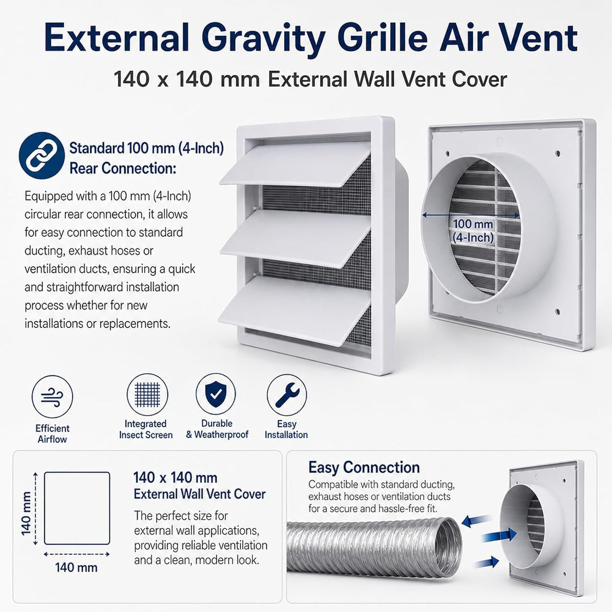 External Gravity Grille Vent for Dryer Vent Cover 100mm (4") rear spigot