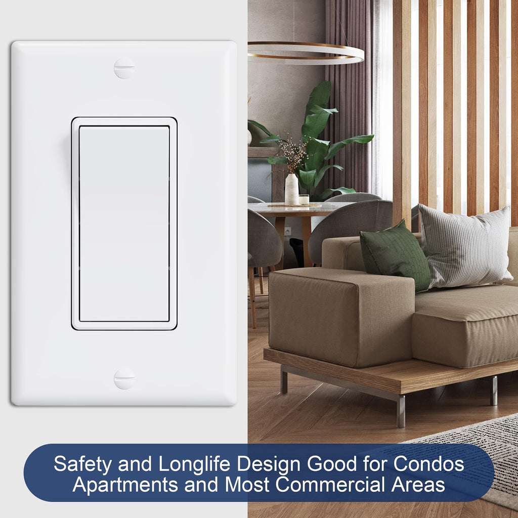 ThunderWay 10 Pack Single Pole Decorator Light Switch with Wallplate, White