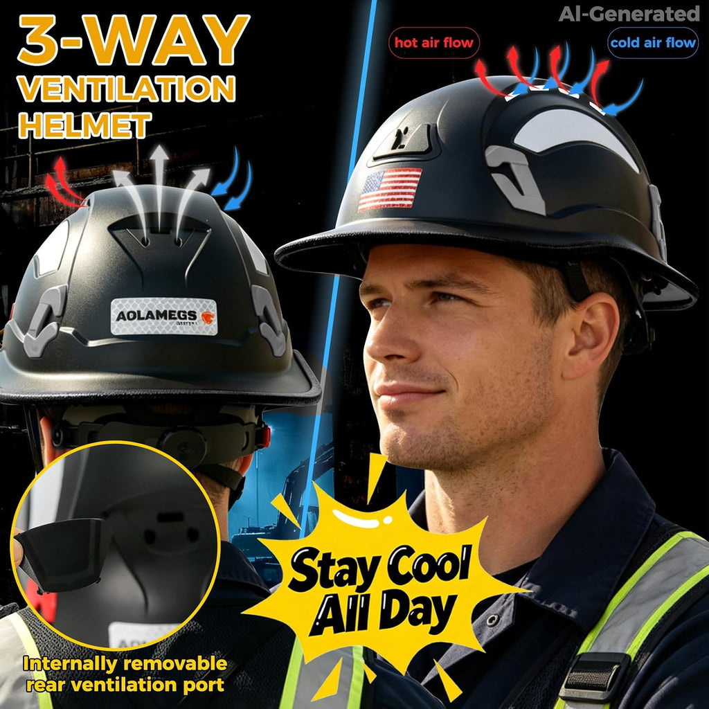 Aolamegs OSHA Approved Construction Full Brim Hard Hat Vented Type 1 | ANSI Z89.1 Class C Safety Helmet With Chin