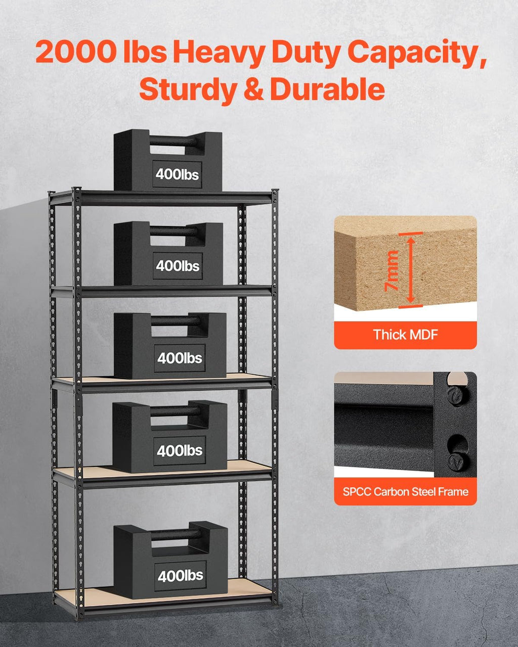 Storage Shelves, 2000 lbs, 5 Tier Garage Storage Shelving, 16" D x 36" W x 71.4" H Adjustable Metal Shelves for