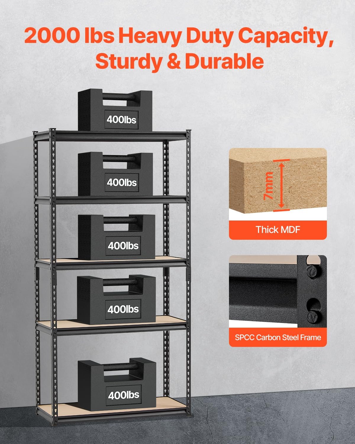 Storage Shelves, 2000 lbs, 5 Tier Garage Storage Shelving, 16" D x 36" W x 71.4" H Adjustable Metal Shelves for