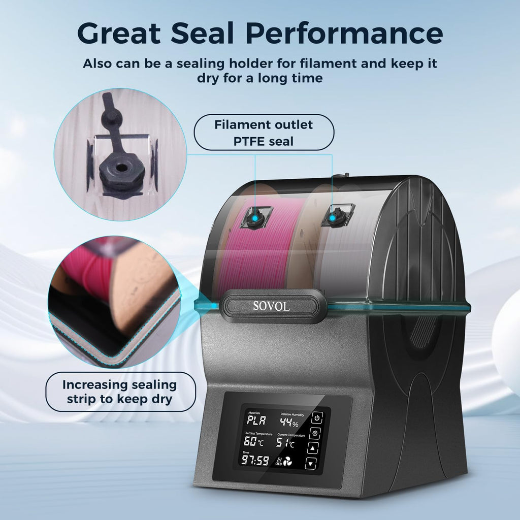 Filament Dryer, SH02 Dry Box Filament Sealed Storage Box 3D Printer Spool Holder with PTC Heater, Filament Dehydrator