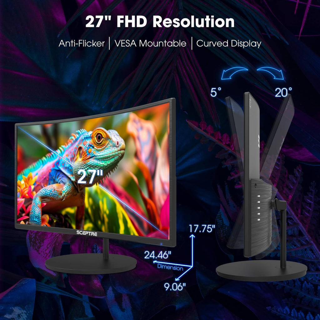 New! Sceptre Curved 27-inch Gaming Monitor 100Hz 1080p R1500 98% sRGB HDMI x2 VGA Build-in Speakers, VESA Wall Mount