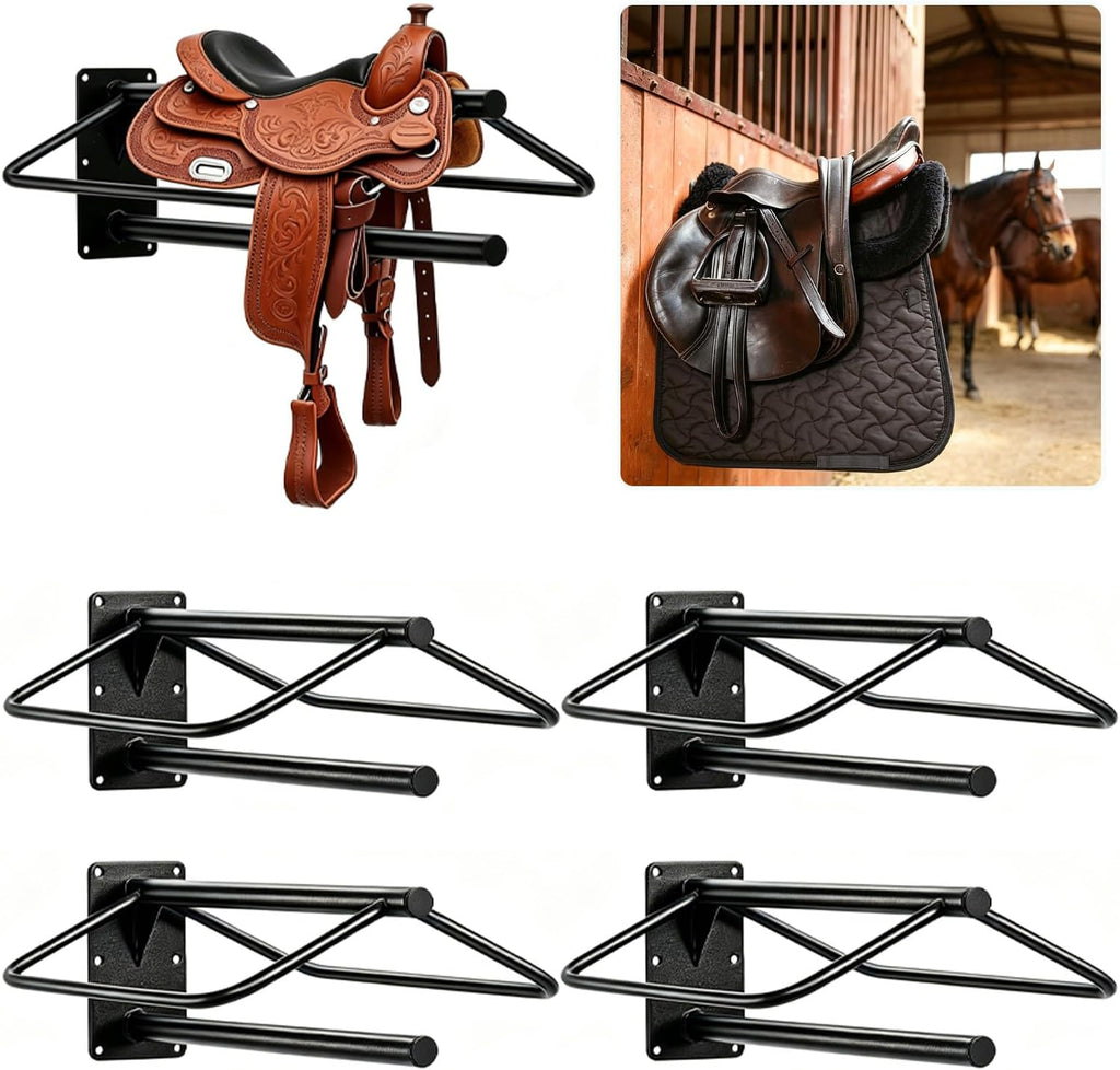 4 Pack Wall Mounted Saddle Rack with Pad Bar, Heavy Duty Black Horse Saddle Stand for English & Western Saddles