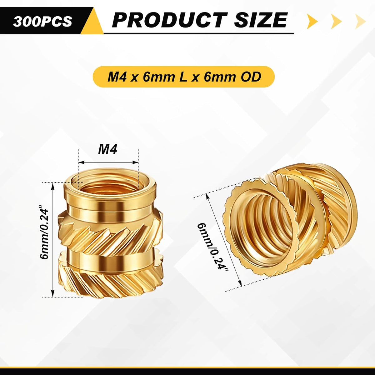 Yaocom 300 Pcs M4 Threaded Inserts M4 x D6 x L6 Heat Set Inserts