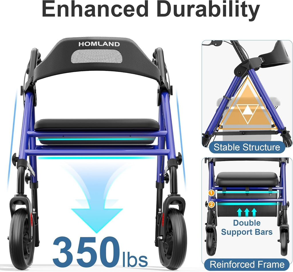 Foldable Rollator Walkers with Seat for Seniors, 8'' Big Wheels, 350 lb. Weight Capacity, Adjustable Handles and Seat