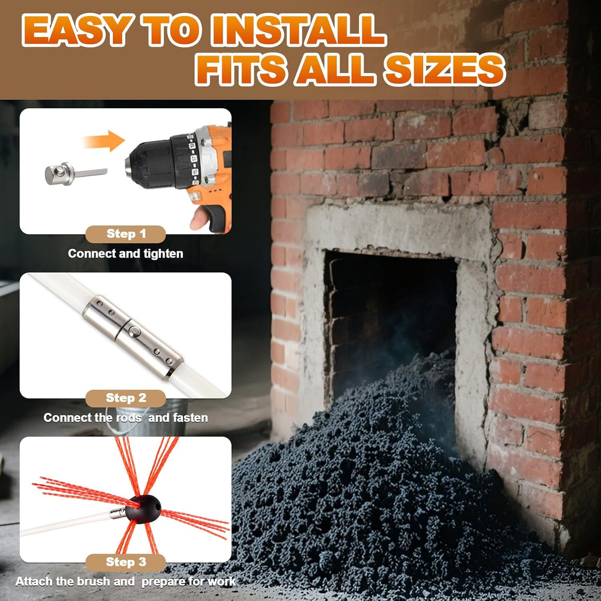 30FT Ergonomic Chimney Sweep Kit, Strong Brush & 9 Flexible Rods