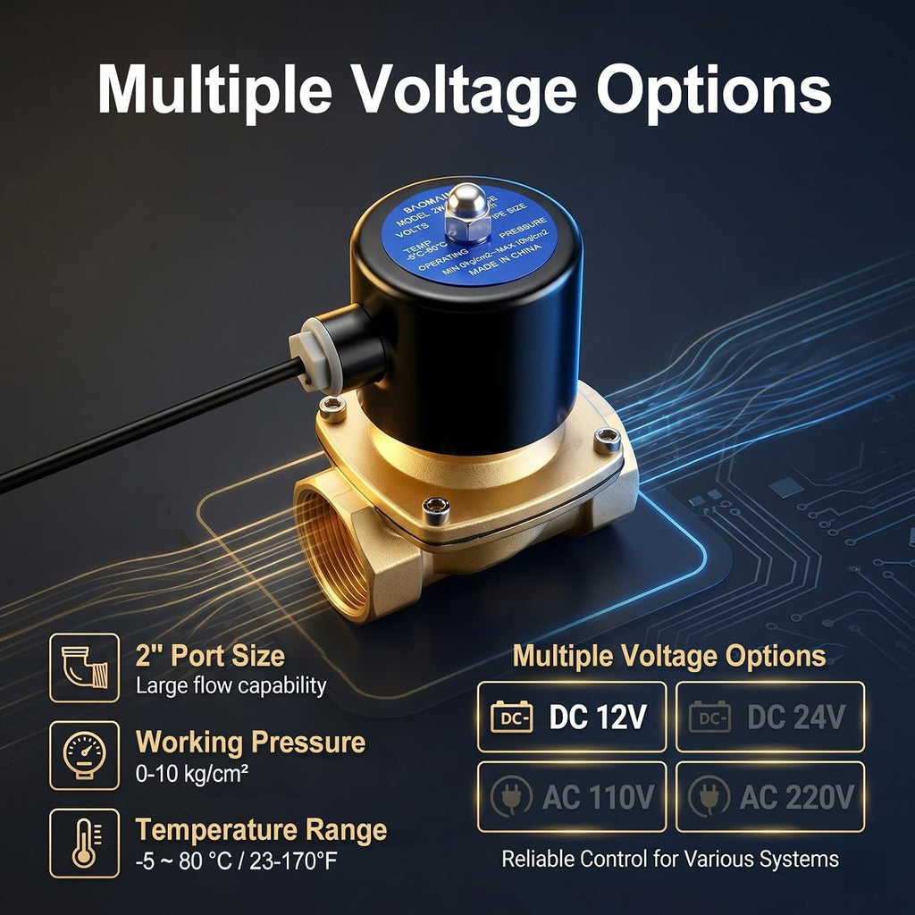 BAOMAIN 2" PT Brass Solenoid Valve DC 12V Normally Closed Valve