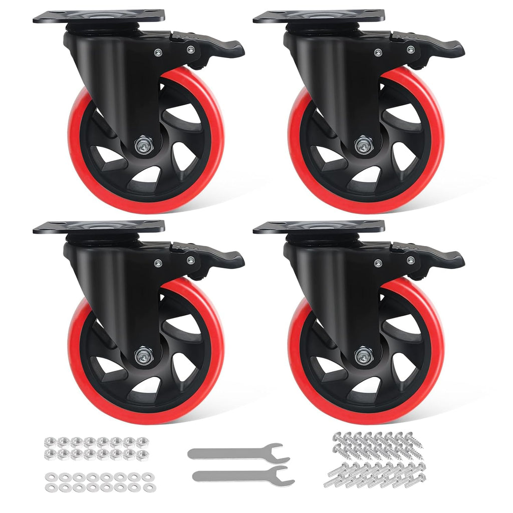 4" Swivel Caster with Brake, 4-Pack Heavy Duty Easily Handles 2000LBS, Safety Dual Locking Industrial Casters