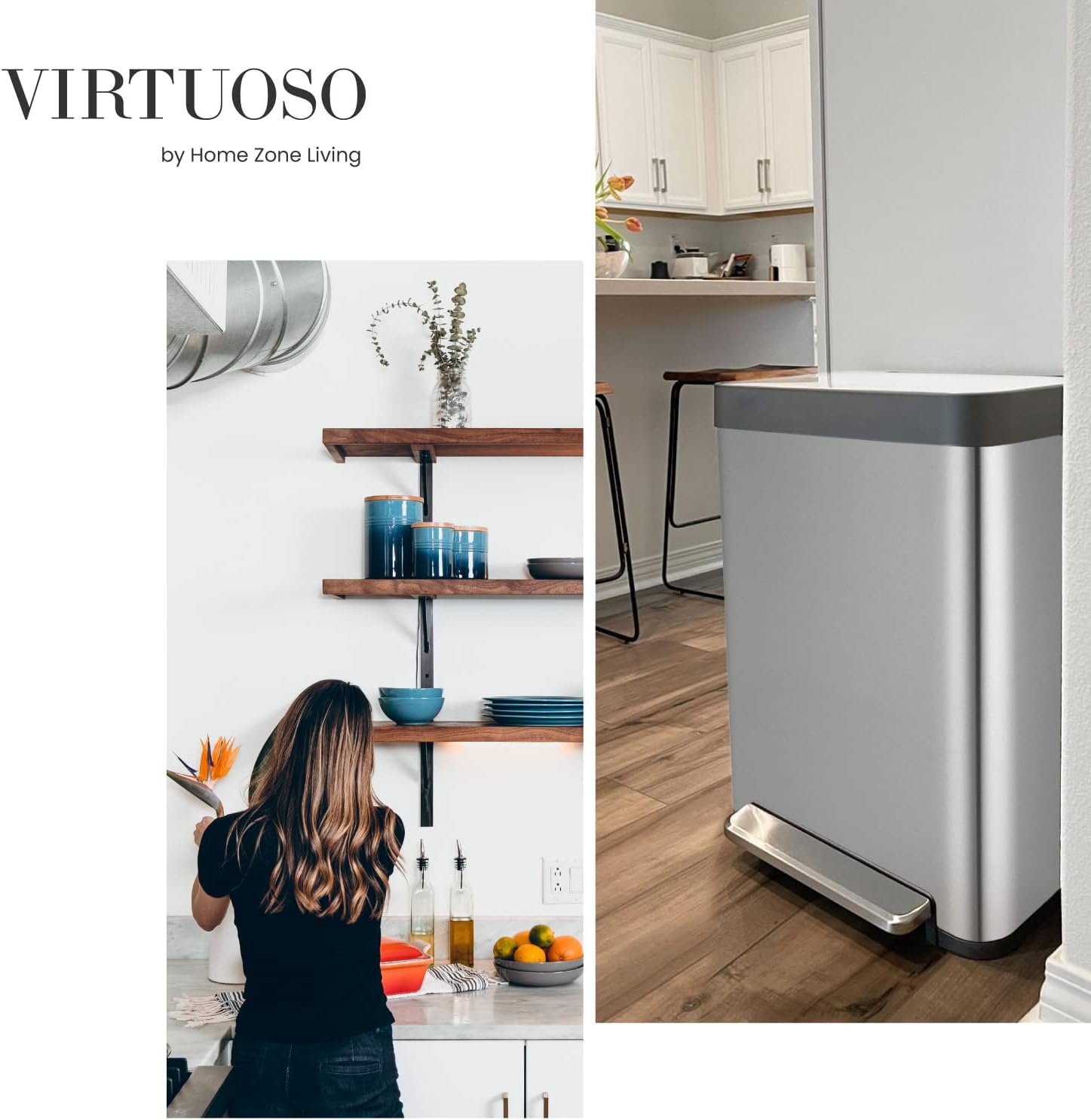 13 Gallon Large Capacity Kitchen Trash Can, Tall Stainless Steel Liner-Free Body, 50 Liter Capacity, Virtuoso Series