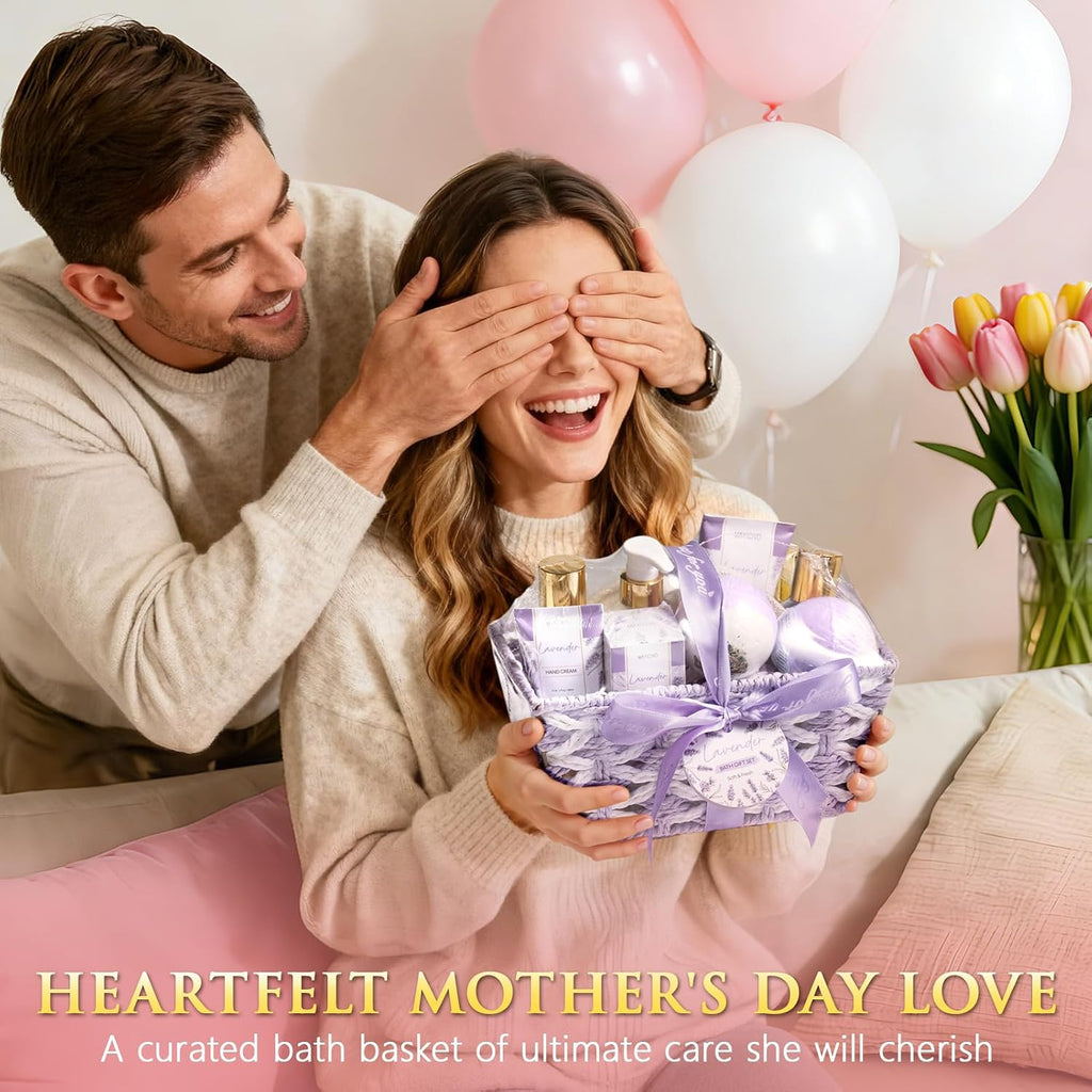 Mothers Day Birthday Gifts for Women, Lavender Relaxing Spa Gift Baskets for Women Self Care Package Bath Gift Set