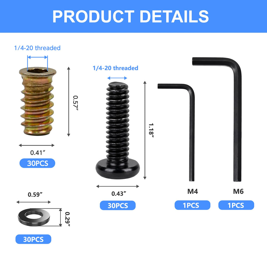 30 Sets 1/4-20 Threaded Inserts for Wood Kit for Woodworking & DIY Projects