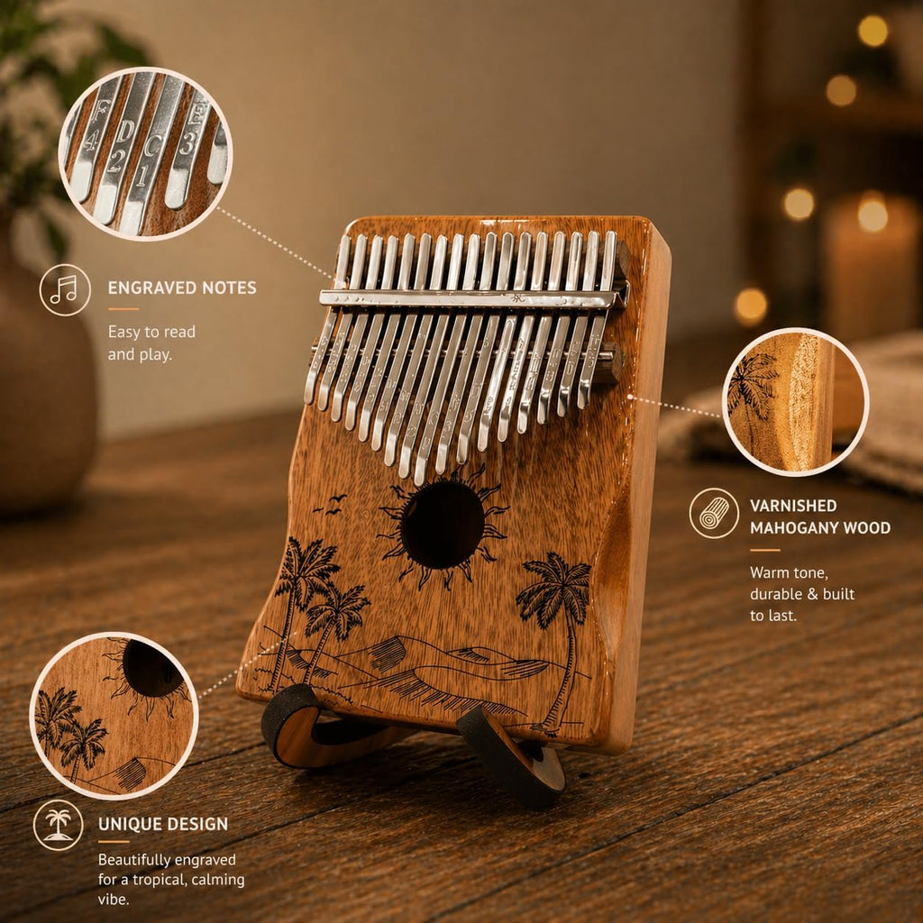 Kalimba 17 Keys Thumb Piano with 25-Song Songbook | Case & Stand | Varnished wood finger piano with protective case