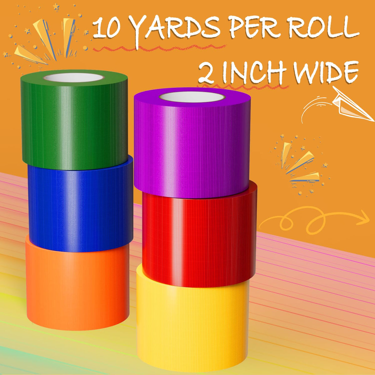 6-Pack Rainbow Colored Duct Tape 10 Yards x 2 Inch Heavy Duty, Waterproof Color Duct Tape Tear by Hand, Strong