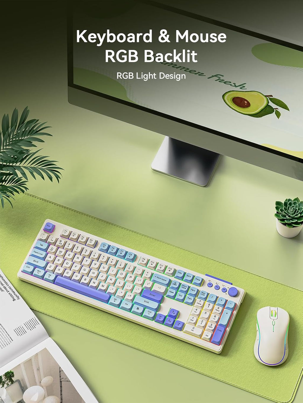 Wireless Keyboard and Mouse Combo, RGB Backlit Rechargeable 2000 mAh Battery, Wireless Computer Keyboards, Tri-Mode