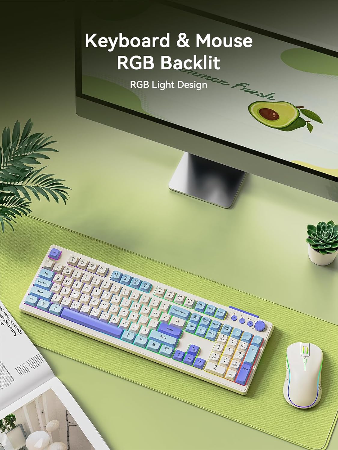 Wireless Keyboard and Mouse Combo, RGB Backlit Rechargeable 2000 mAh Battery, Wireless Computer Keyboards, Tri-Mode