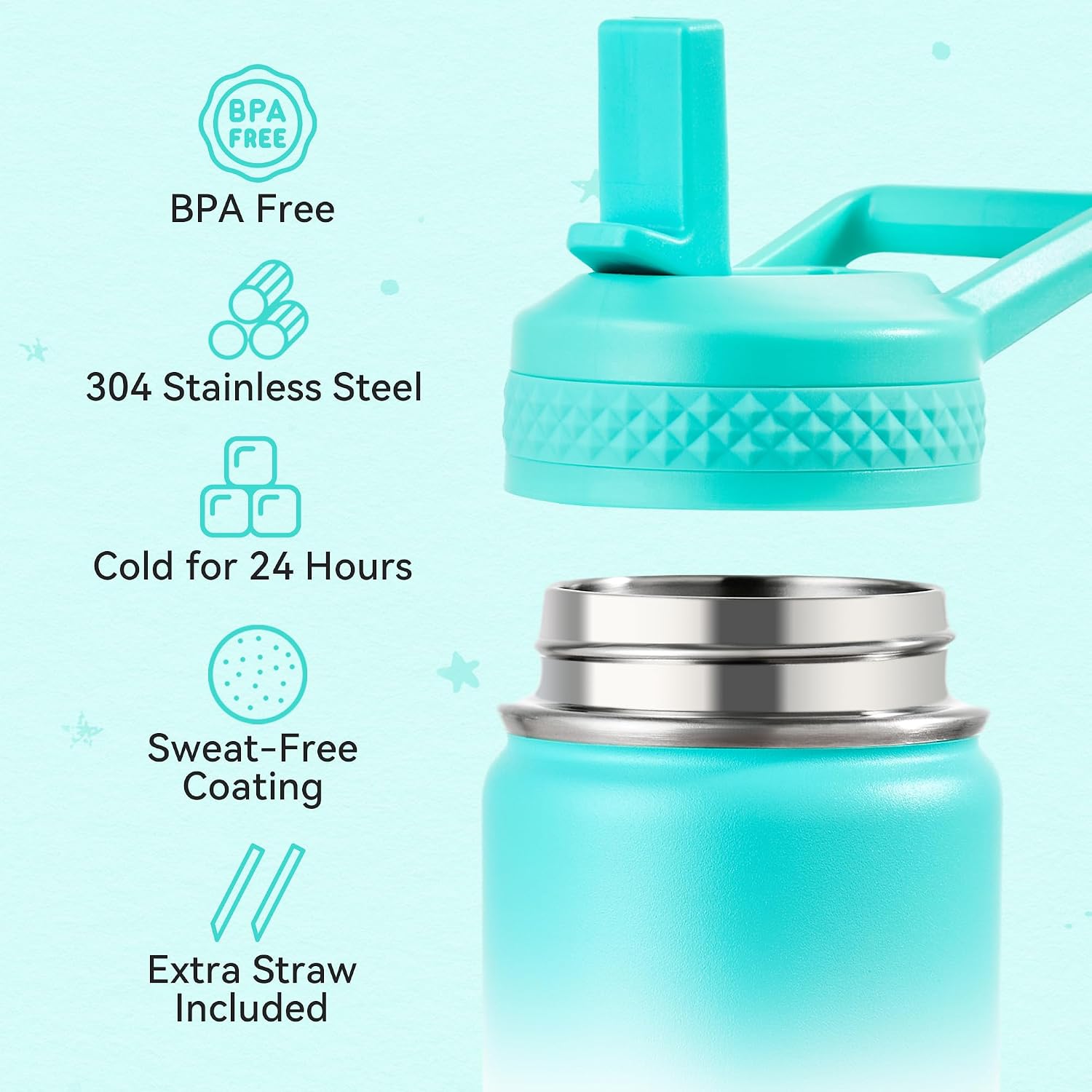 12 oz Kids Water Bottle, Toddler Water Bottle with Straw, Boys&Girls Bottle for School, 304 Stainless Steel Vacuum
