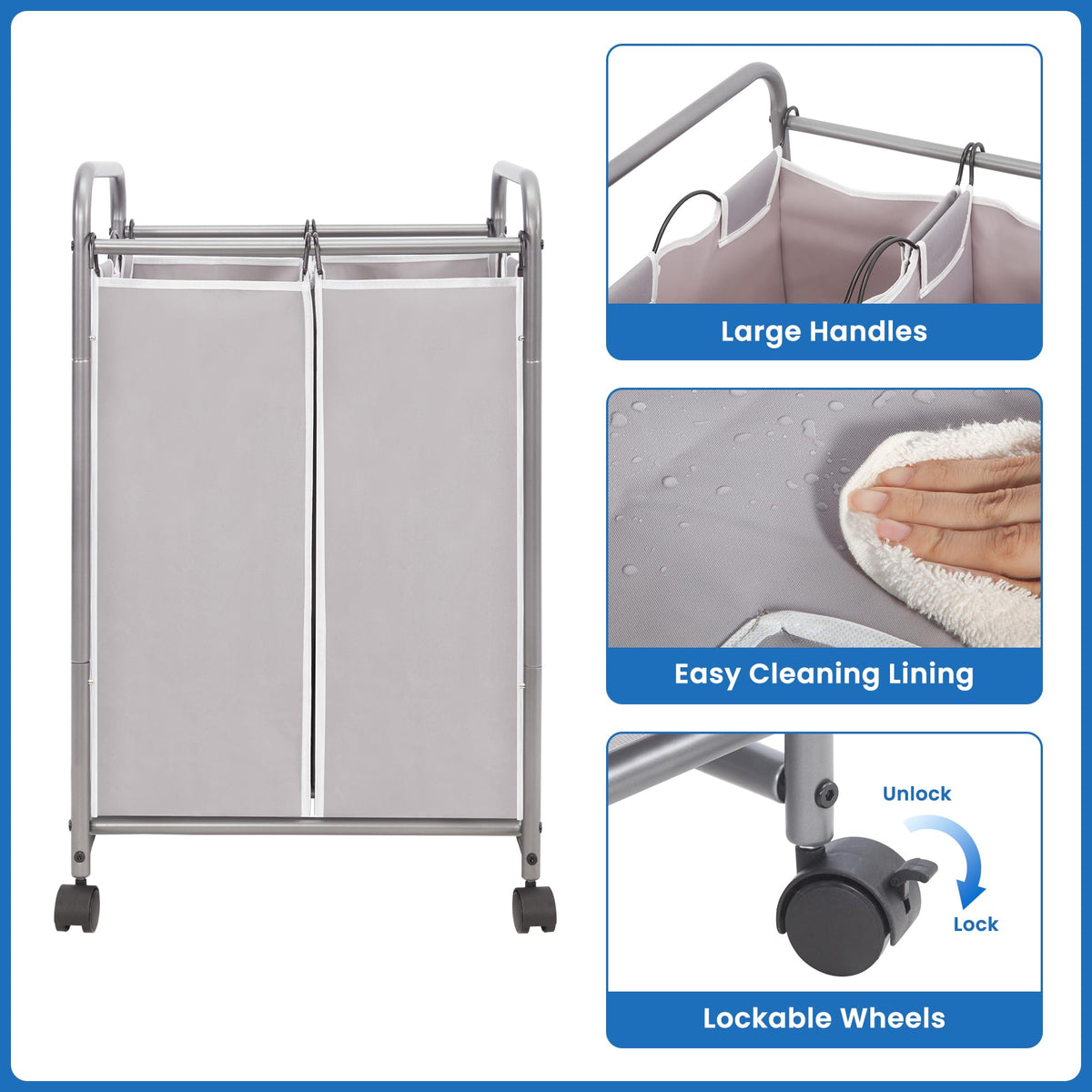 2 Section Laundry Sorter, Laundry Hamper with Wheels, Gray