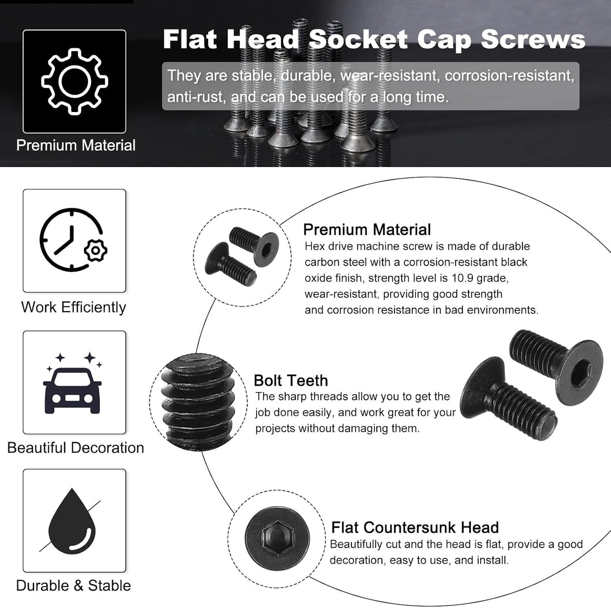 PATIKIL #10-32 x 1/2 Inch Flat Head Socket Cap Screws, 10 Pcs Flat Countersunk Bolts Hex Socket Drive Machine Screws Full Thread Coarse Thread UNC with Hex Spanner Black Oxide Grade 10.9