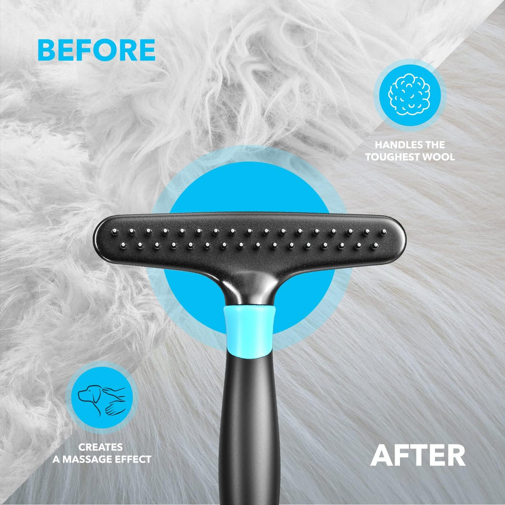 Deshedding Brush - Undercoat Rake for Dogs, Cats, Matted, Short, Long Hair Coats - Double Row Stainless Steel Pins