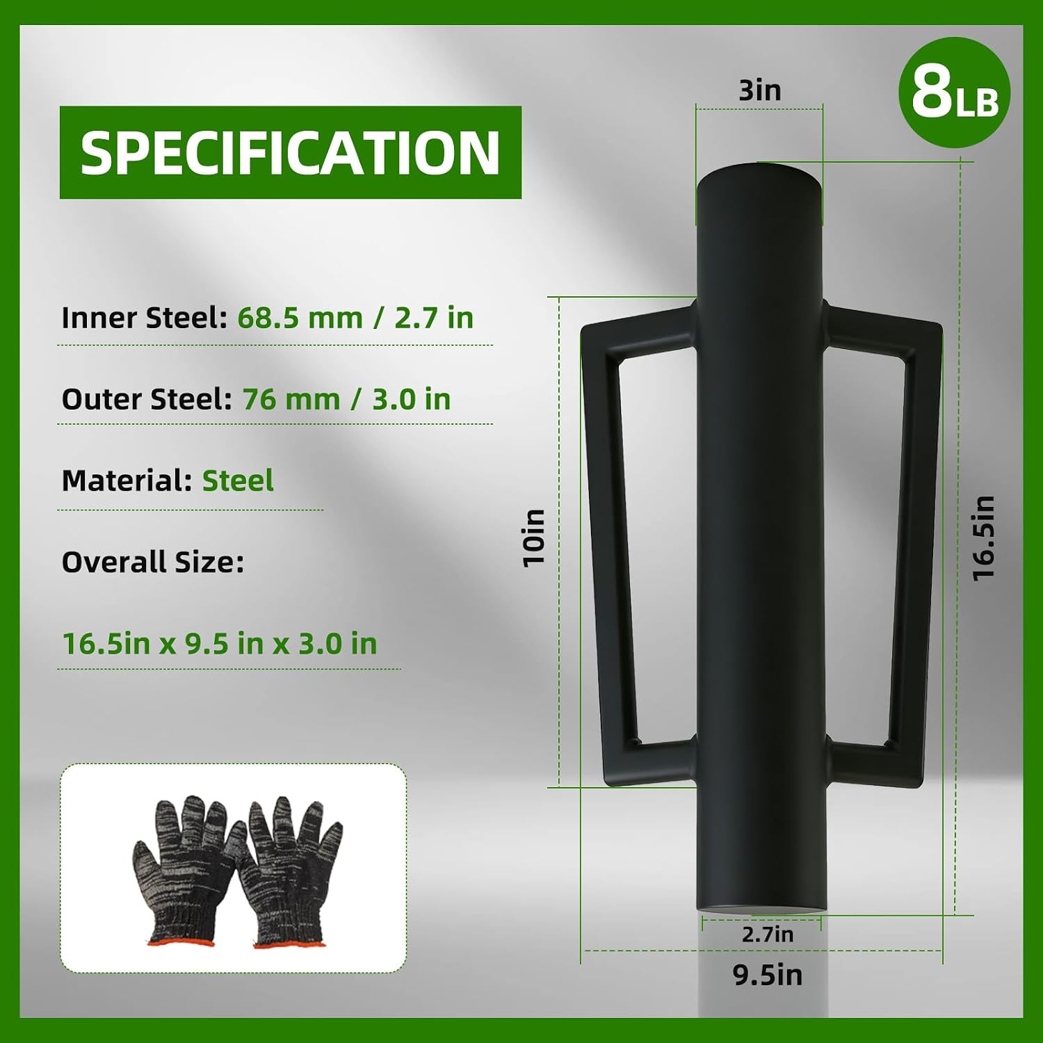 Fence Post Driver with Handle 16.5 Inch T Post Driver, 8LB Heavy Duty Hand Post Pounder, 2.7 inch Inner Diameter Hand