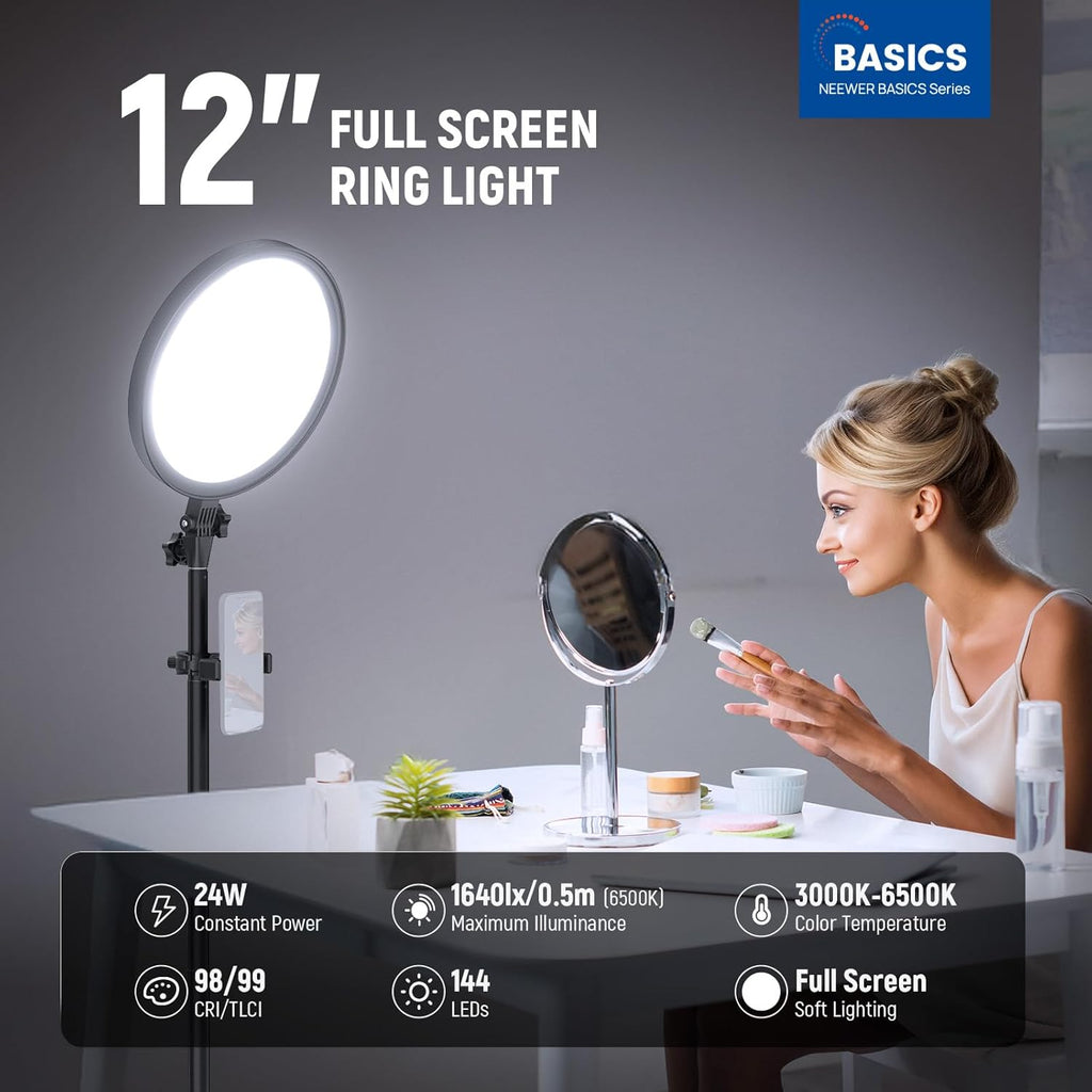 Basics 12" 24W Large Ring Light w 68" Stand/Phone Holder for iPhone | Remote, Video Recording Selfie Streaming Makeup