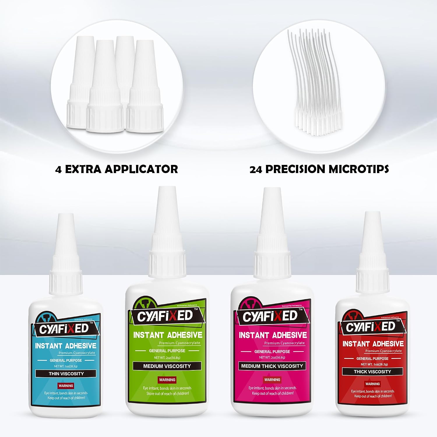 Super Glue Kit, 6 oz CA Glue (Thick, Medium-Thick, Medium, Thin) with Anti-Clog Caps & Microtips, Instant Clear