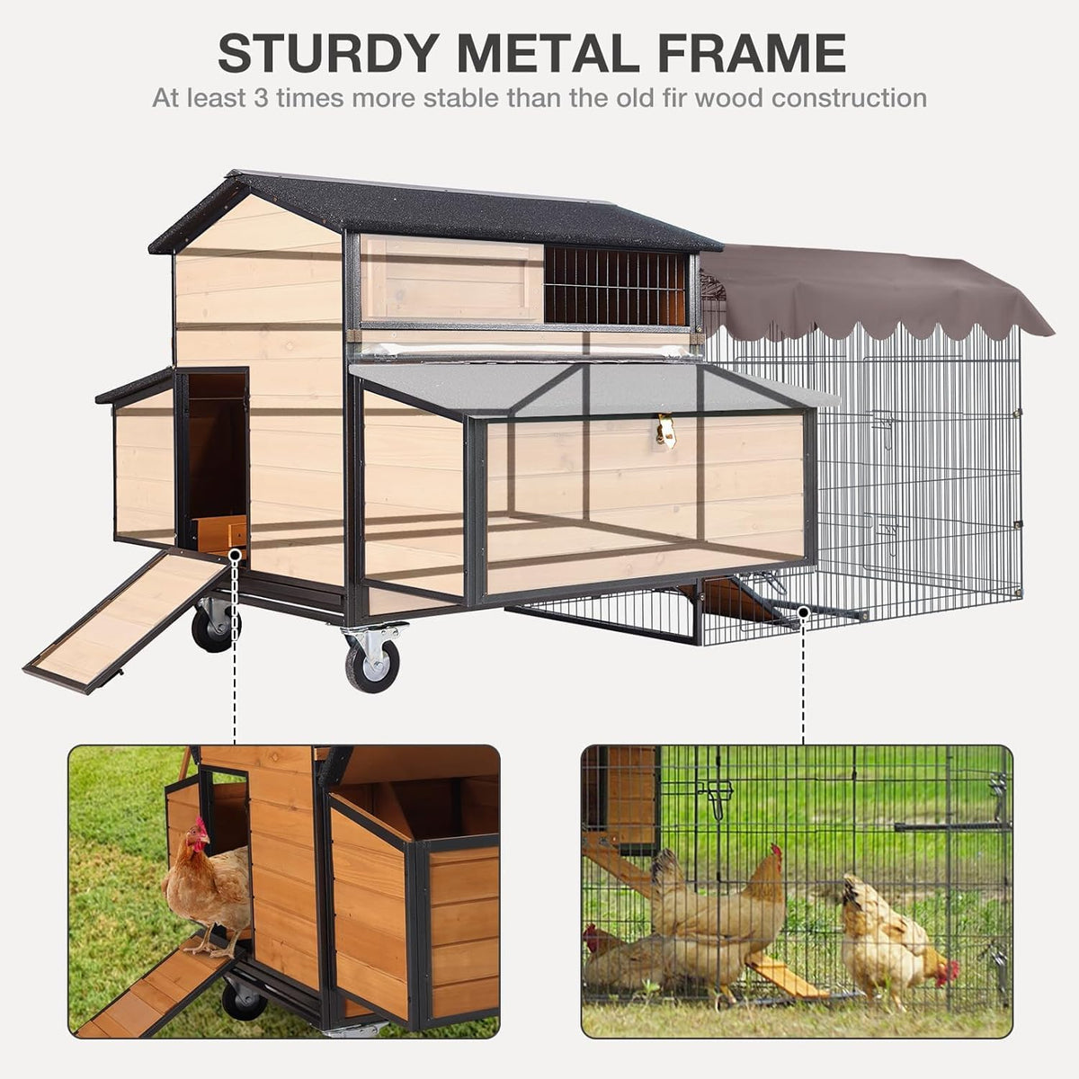 Chicken Coop with Wheels - Spacious 76" Metal Frame Chicken House with 6 Nesting Box and Leakproof Pull-on Tray