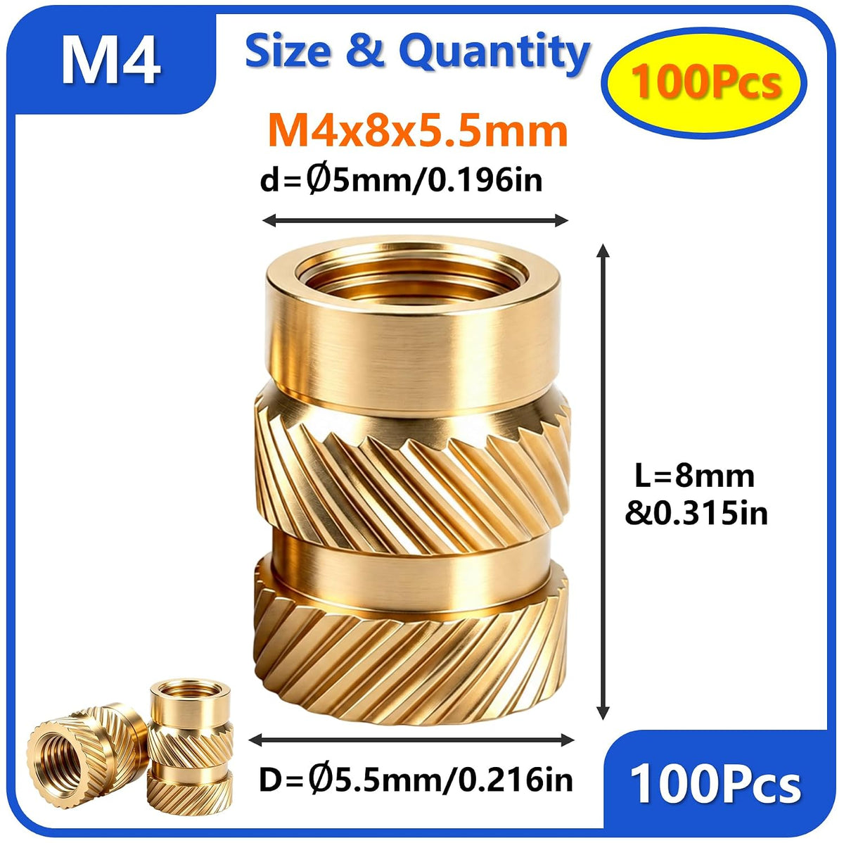 100Pcs Brass Threaded Inserts Kit M4x8x5.5 Heat Set for 3D Printing