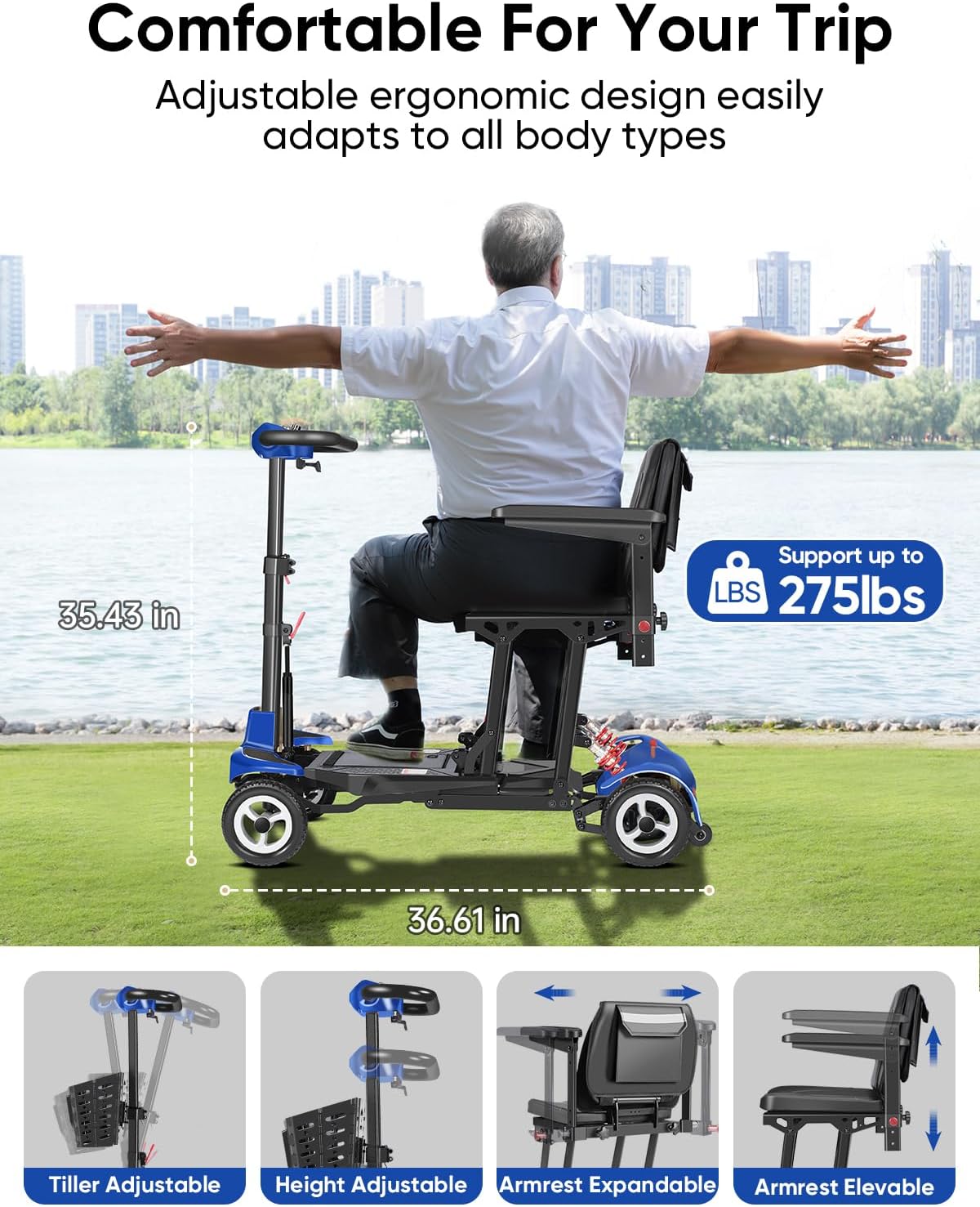 4-Wheel Folding Mobility Scooters for Seniors & Adults - 37.5lbs Light