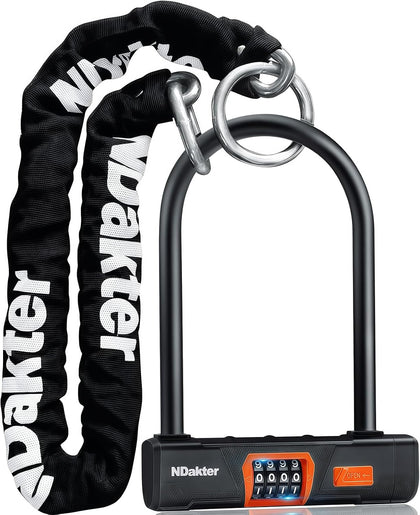 Bike Locks Heavy Duty Anti Theft, Keyless Combination Motorcycle U Lock for Ebike with 4FT x 6mm Chain, 4-Digit Combo
