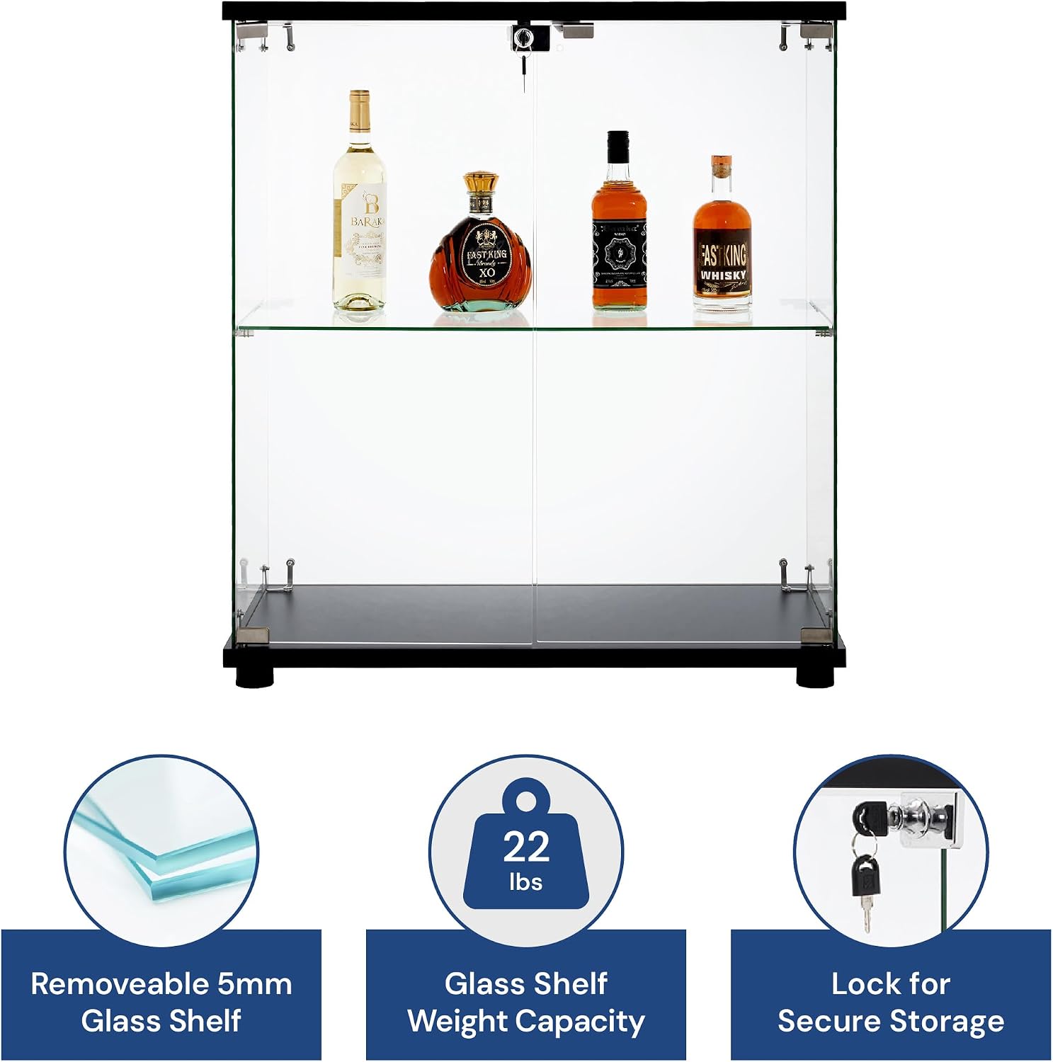 Frameless Glass Display Case 32" Countertop Showcase with Double Locking Doors & Adjustable Shelves – Tempered Glass