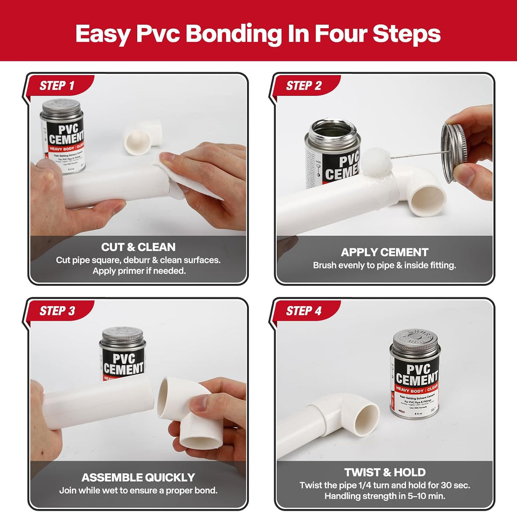 PVC Cement, Fast-Setting Clear PVC Solvent Weld Glue for PVC Pipe, 4 fl oz