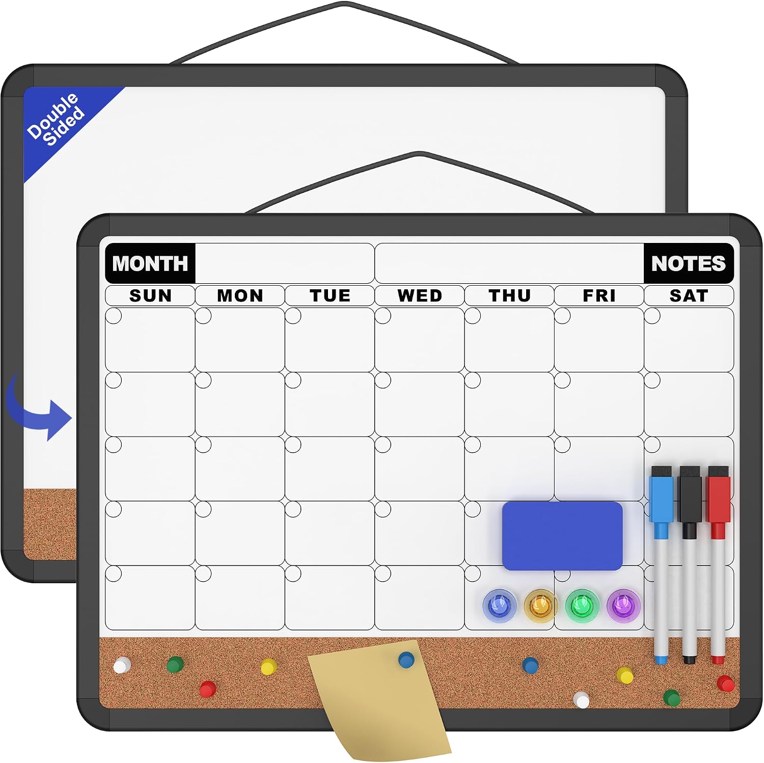 Monthly Calendar Dry Erase Board 16x12 Inch, Double-Sided Whiteboard and Corkboard Combo with Black Plastic Frame