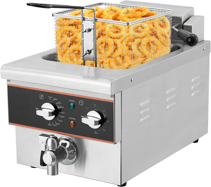6L Electric Deep Fryer, Countertop Fryers with Oil Drain, Timer, Rotary Fryer Head, Stainless Steel Commercial Deep