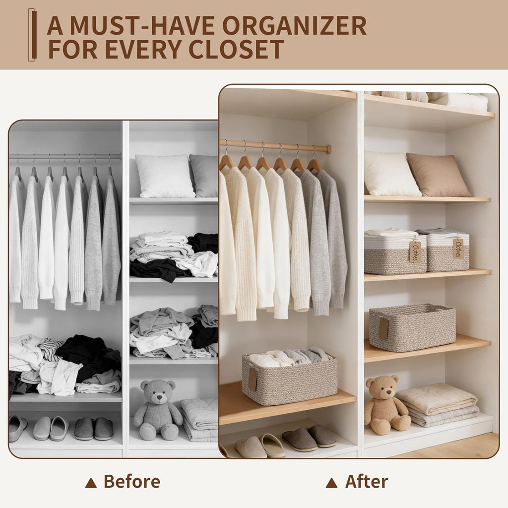 4 Pack Storage Baskets for Shelves, Rectangle Woven Baskets for Organizing, Cotton Rope Storage Bins for Baby Toys