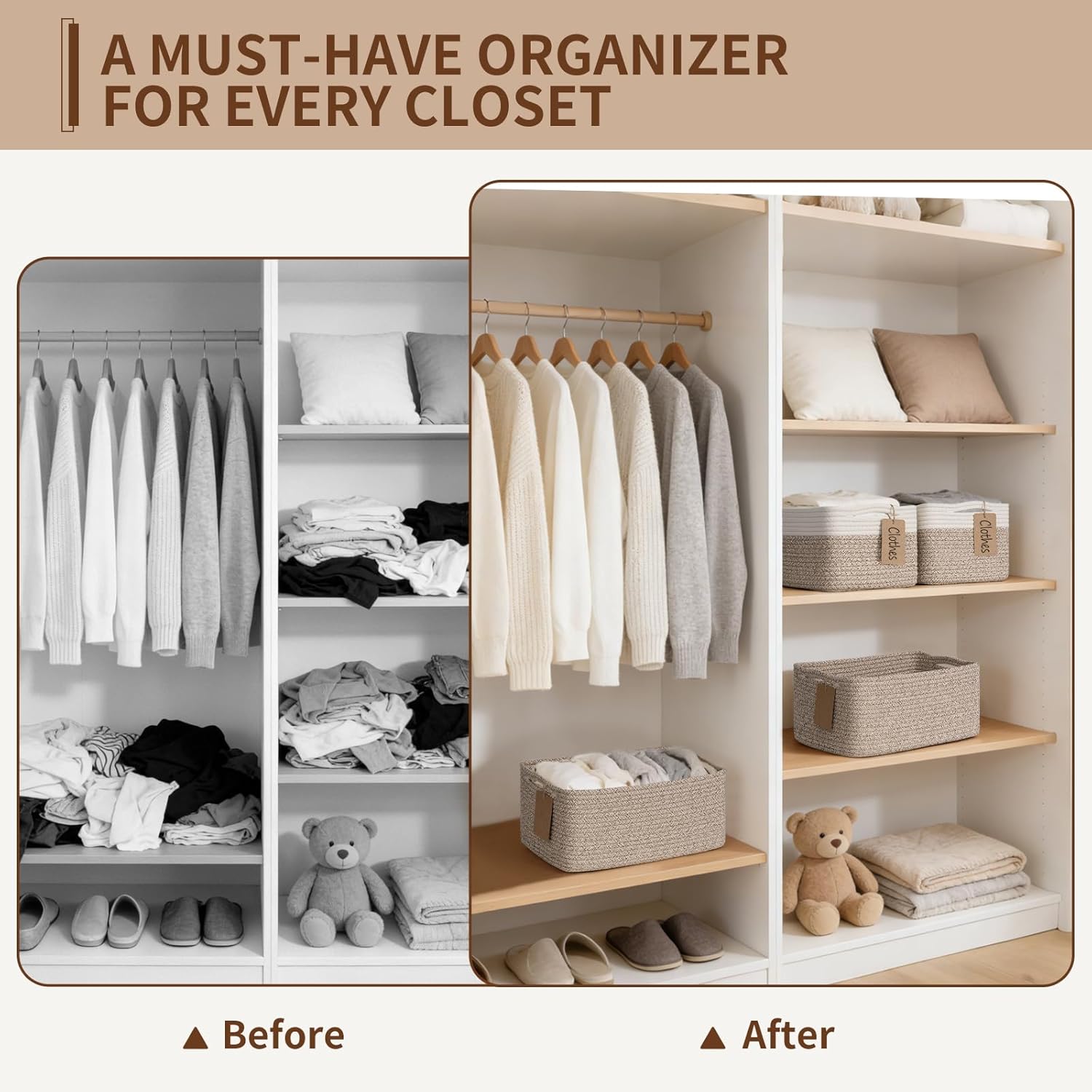 4 Pack Storage Baskets for Shelves, Rectangle Woven Baskets for Organizing, Cotton Rope Storage Bins for Baby Toys