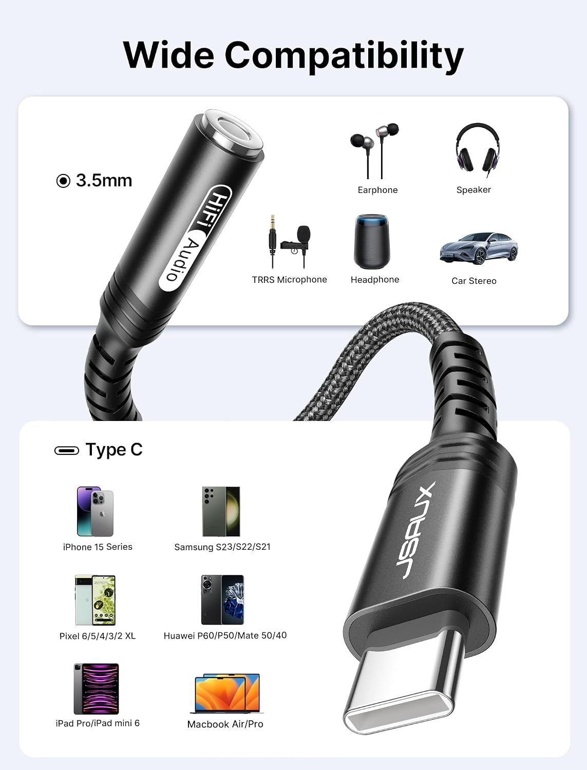 USB C to 3.5mm AUX Audio Adapter for iPhone 17/15, Galaxy S25, Black | Smart DAC gives clear 16Bit/48kHz audio;