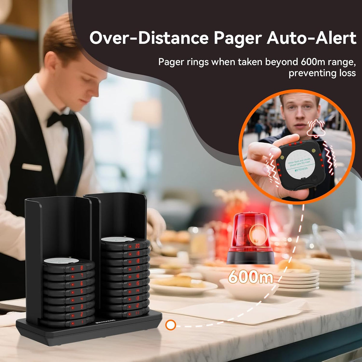 TD186 Restaurant Pager System, 600M Anti-tip Pagers, 20 Buzzers
