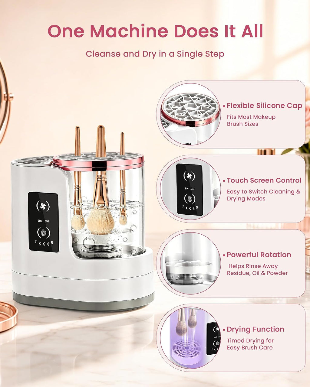 3-in-1 Electric Makeup Brush Cleaner Machine with Automatic Cleaning and Drying Holder, USB Powered Cosmetic Brush
