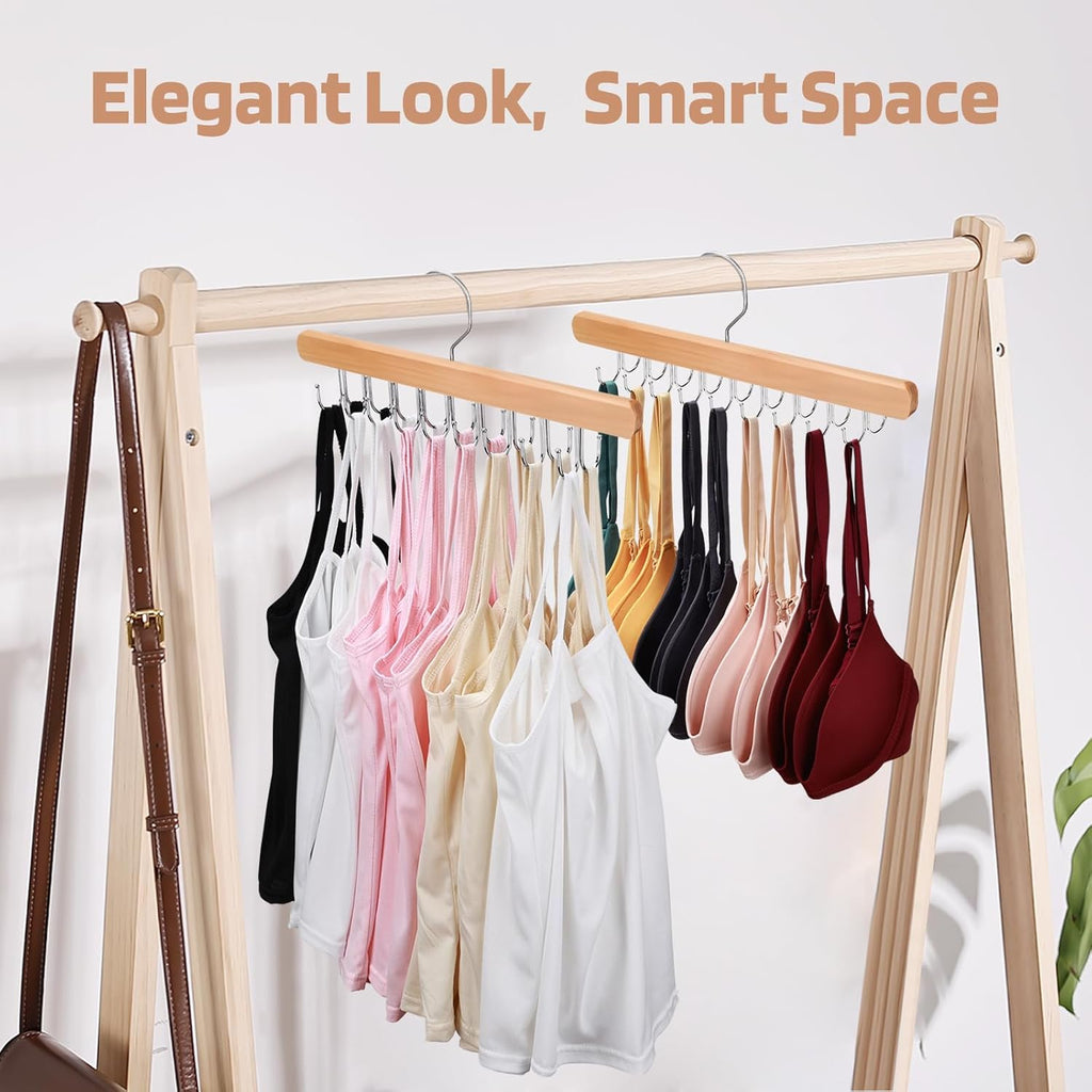 2 Pack Bra Hanger for Closet Organizer, Premium Wooden Tank Top Hangers with 36 Foldable Hooks, 360° Rotating Design