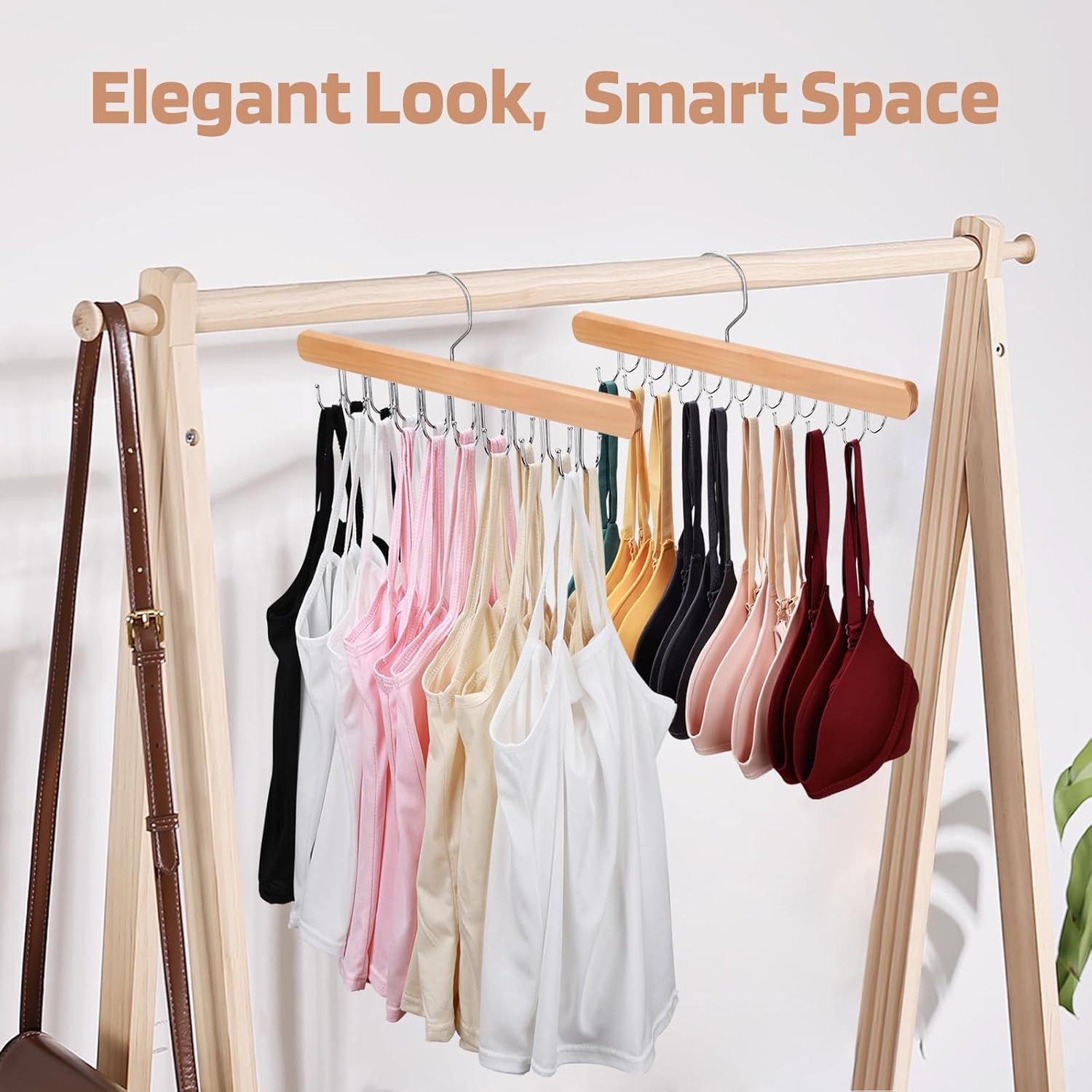 2 Pack Bra Hanger for Closet Organizer, Premium Wooden Tank Top Hangers with 36 Foldable Hooks, 360° Rotating Design