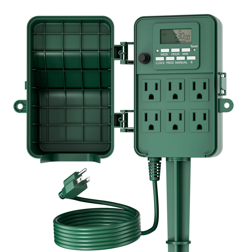 BN-LINK Outdoor Power Stake Timer, Programmable Digital Timer, 6 Outlets