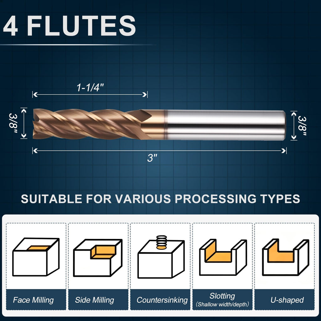 Workkyma Carbide End Mill 3/8" Dia 1-1/4" CL 3" L 3/8" Shank 4 Flute
