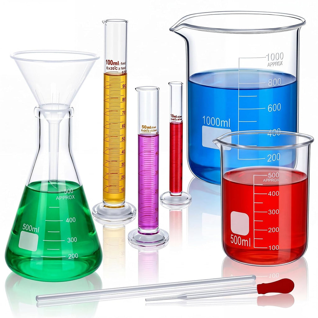 9 Pcs Lab Glass Beaker Set Includes Glass Graduated Cylinder 500ml 1000ml Erlenmeyer Flask 500ml Graduated Cylinder