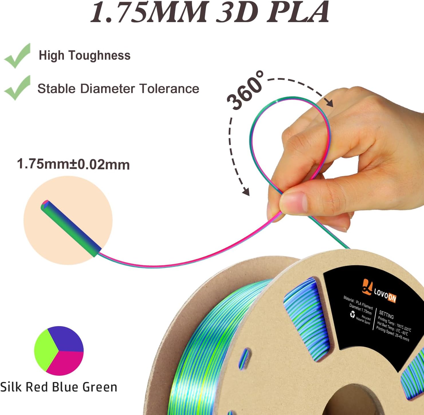 3D Printer Filament, Silk PLA Filament Tricolor, Green-Red-Blue 1kg | 1.75mm Multicolor filament, 3D Printing
