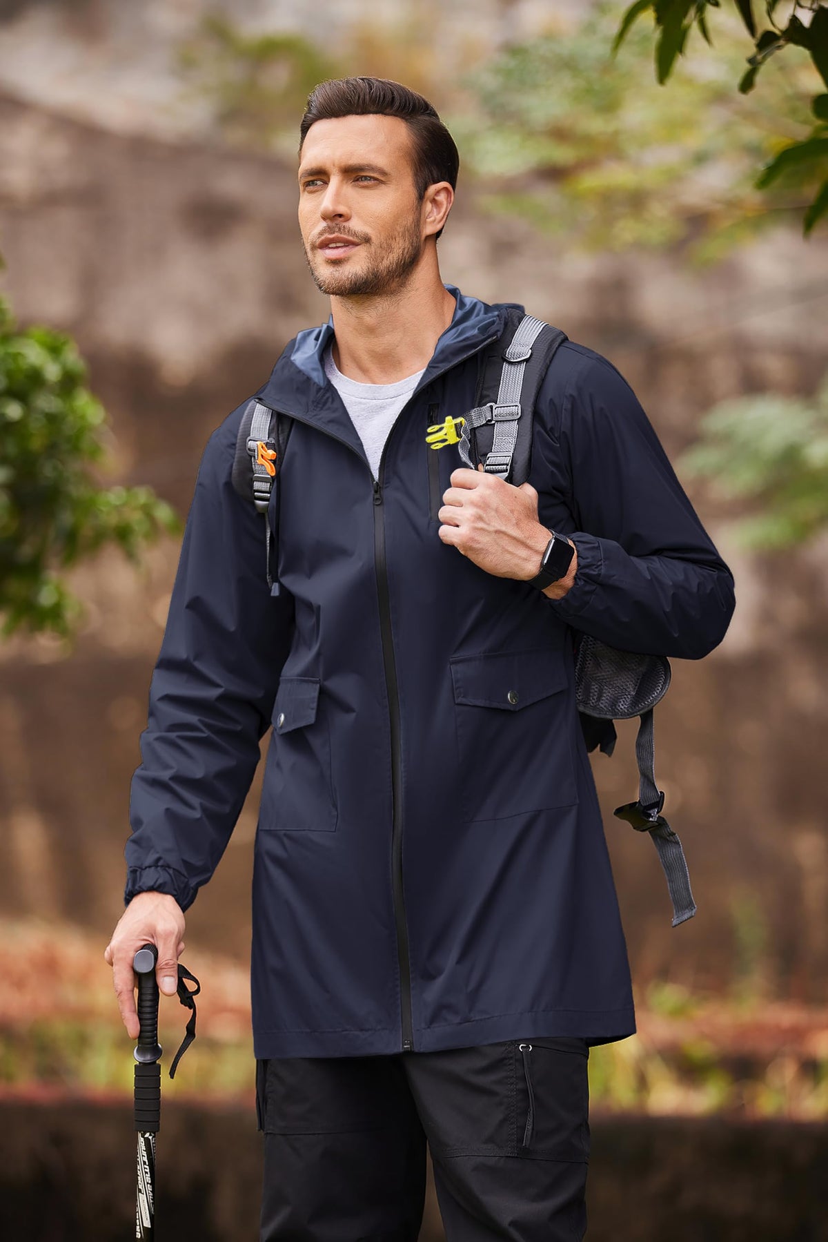 Men's Lightweight Rain Jacket Elastic Drawstring Long Raincoat Men Waterproof
