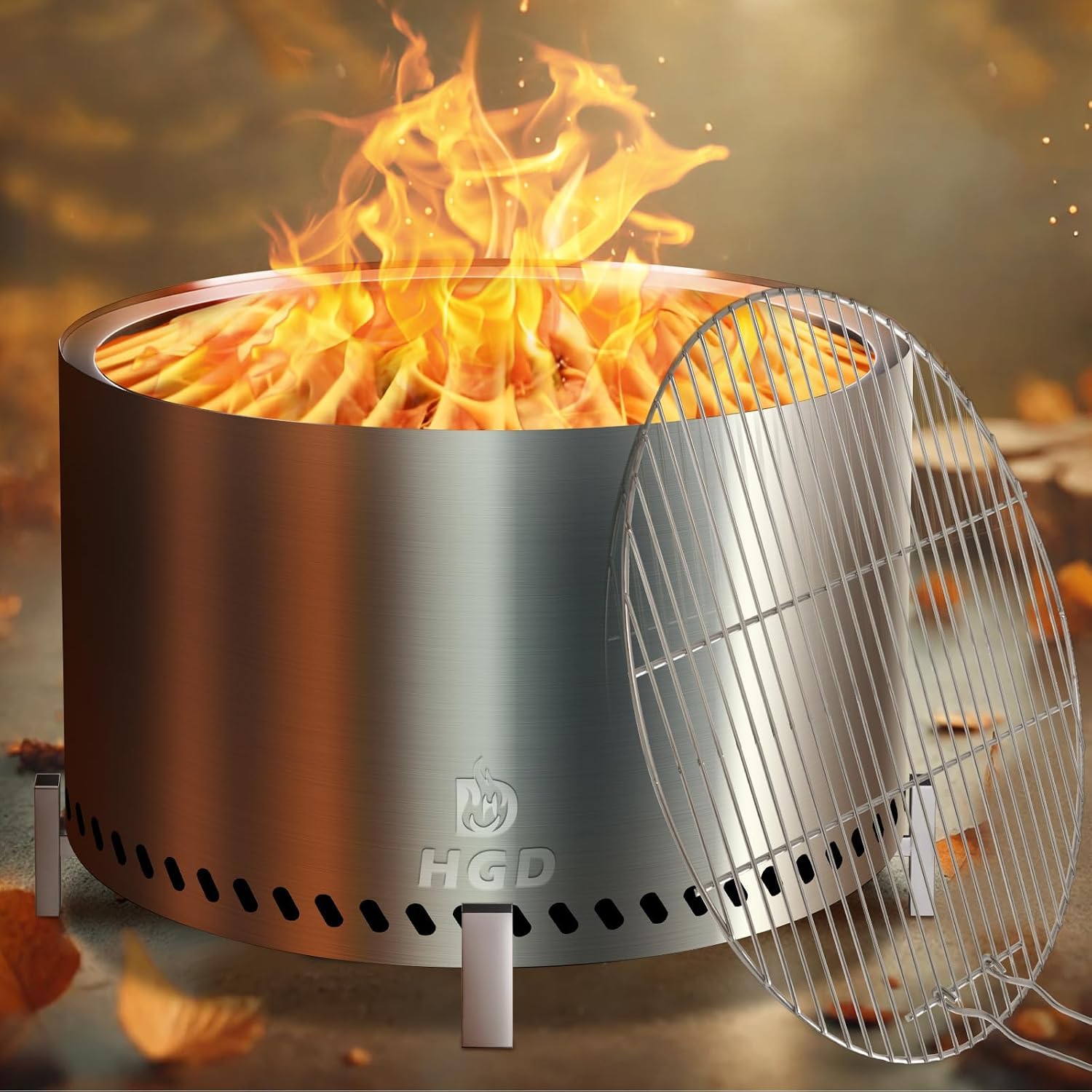 28 Inch Smokeless Firepit with Stand & Grill Rack, Large Stainless Steel Fire Pit, Wood Burning Firepit for Patio