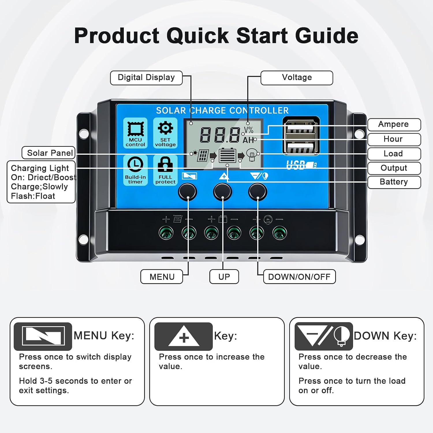 10A 12V/24V PWM Solar Charge Controller LCD Display Dual USB Timer Function | Lead-Acid & Lithium Batteries | Solar